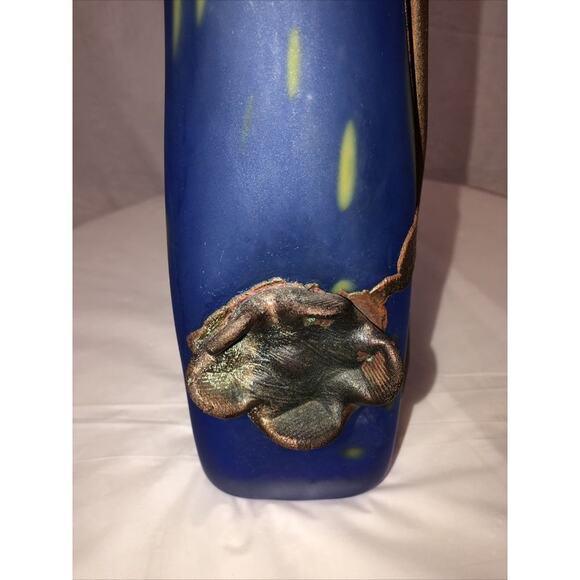 Handmade Blown Glass Vase Engraved with Metal Blue yellow Art Nouveau Style - Picture 9 of 11